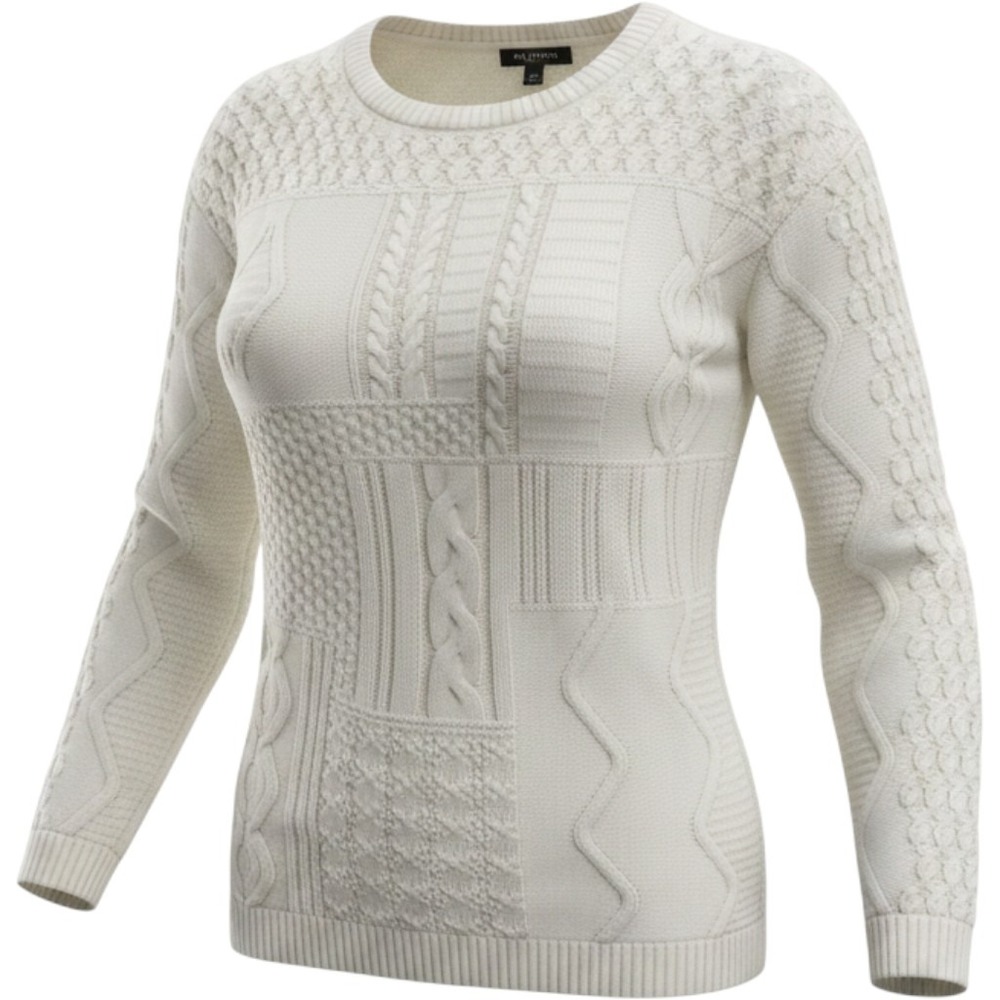 Talbots Petites Cream Mixed Cable Knit Patchwork Sweater Womens MP Long Sleeve